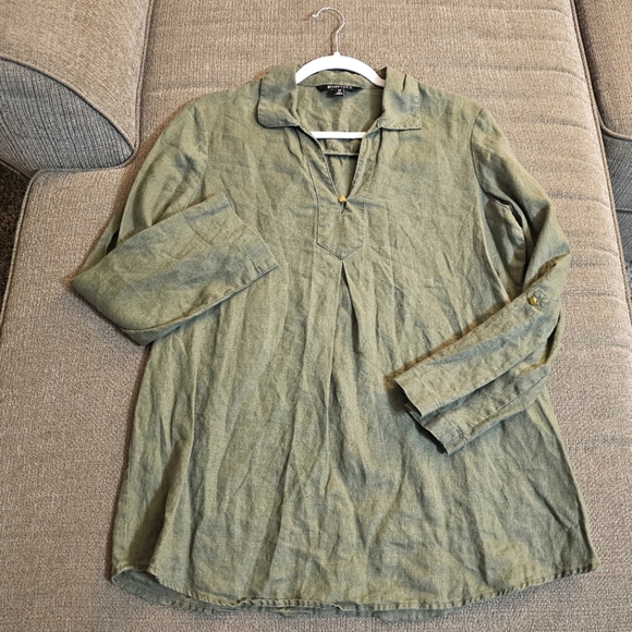 Ellen Tracy Linen Olive Green Casual Lagenlook Relaxed   Top Blouse Size Medium - Picture 1 of 7